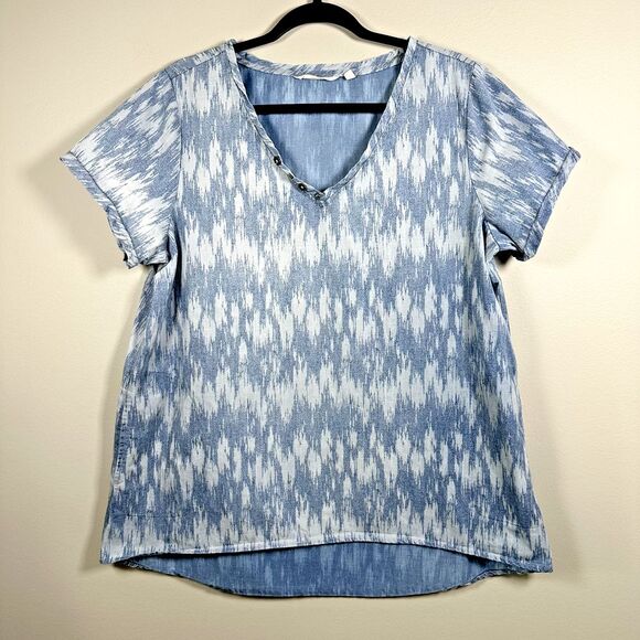 Soft‎ Surroundings Medium Denim Chambray Short Sleeve Button VNeck Tunic Blouse - Picture 1 of 8